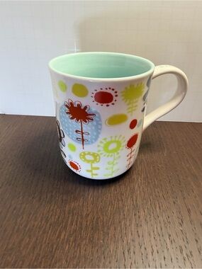 Starbucks 2009 Hand Painted White Floral Accent Mug with Mint Interior